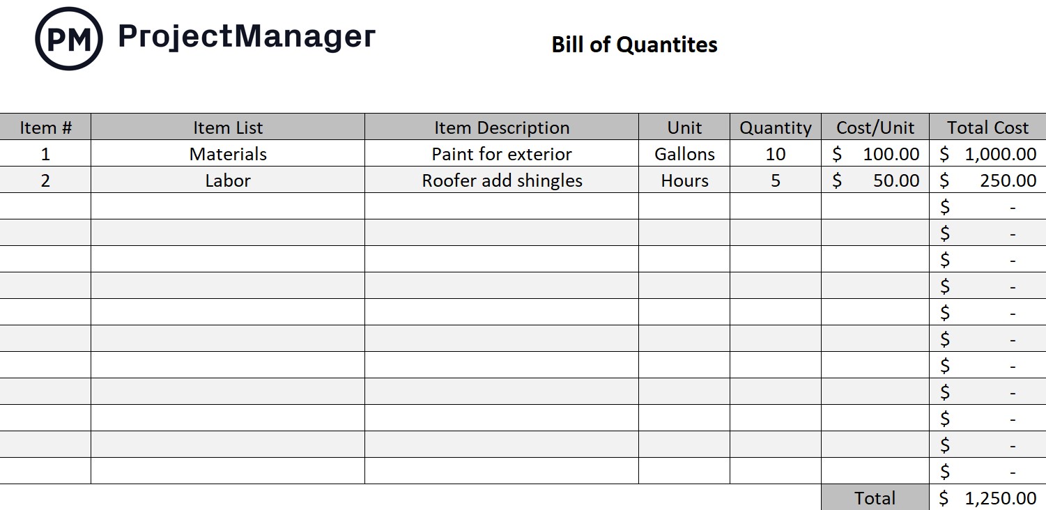 Pricing, Bill of Quantities, and Scheduling